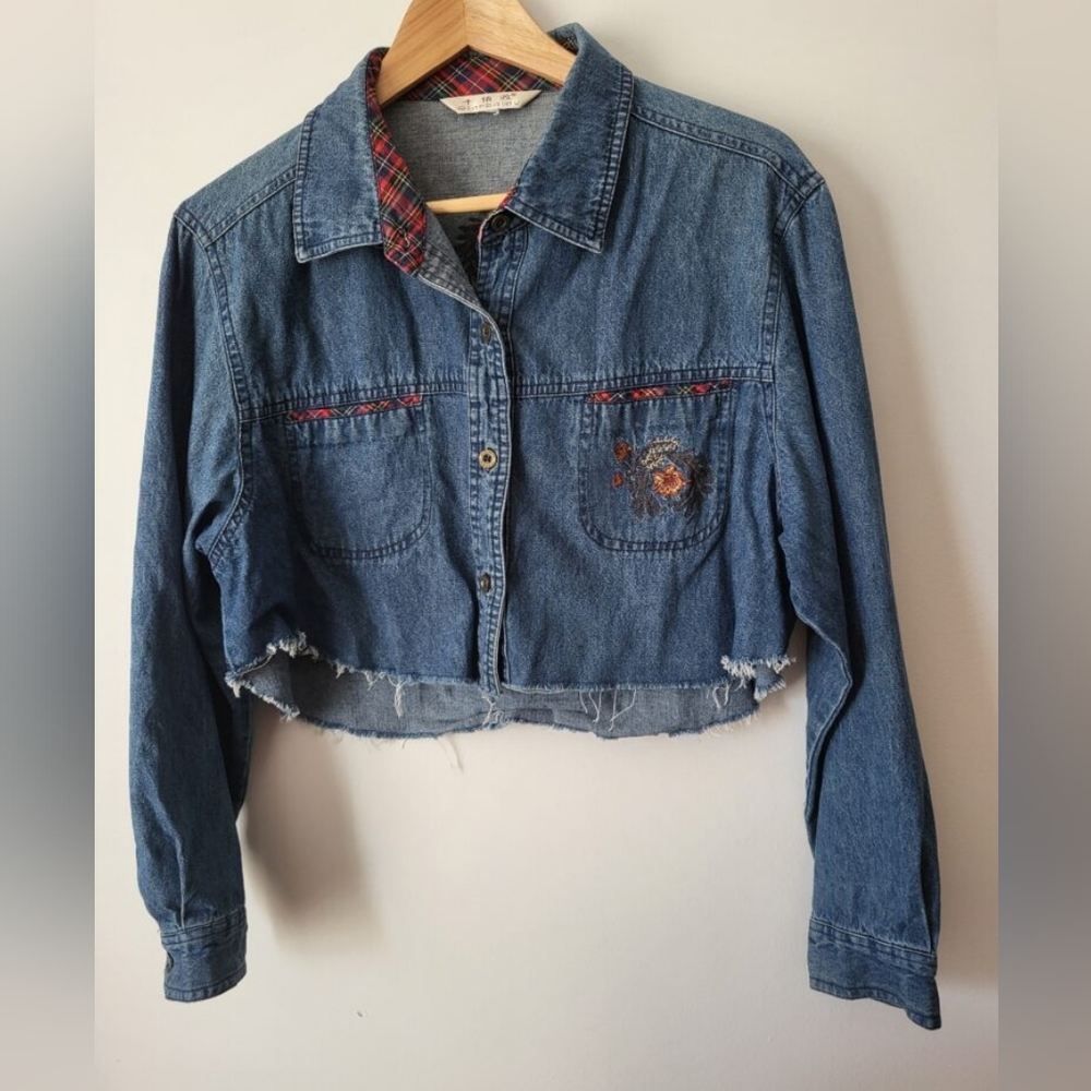 QIANBAIDU Cropped Denim Jacket with Embroidery